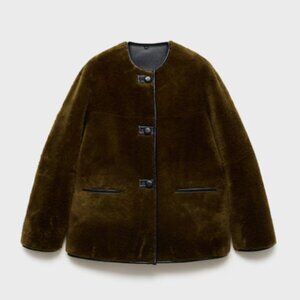 Mango Fur-effect coat with appliqués Khaki - size S NWT